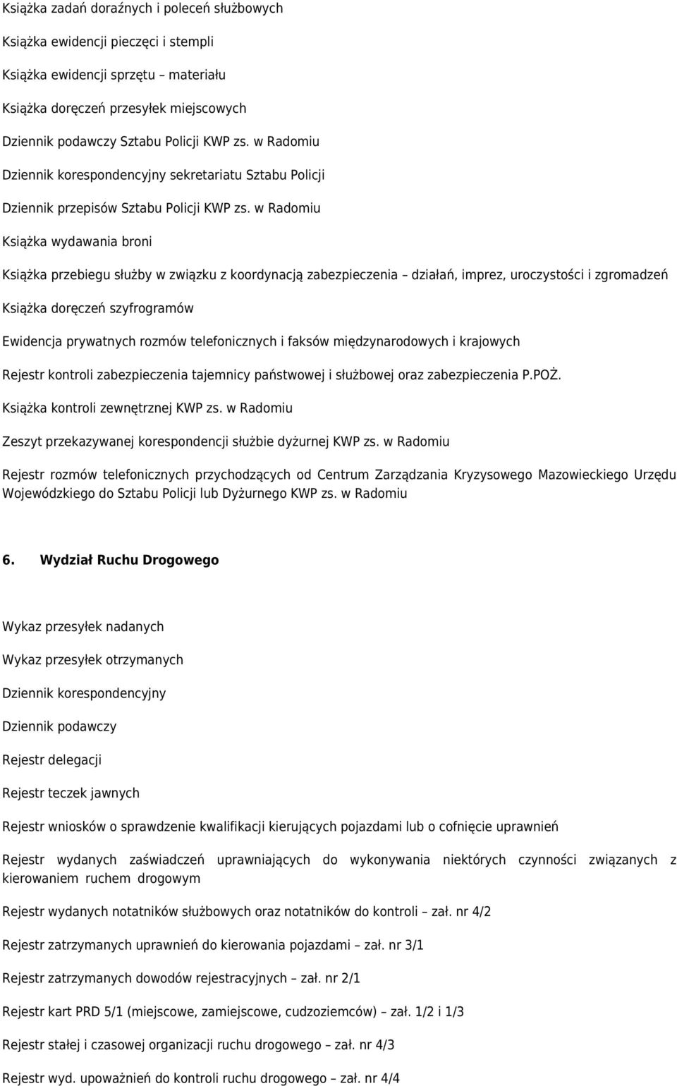 w Radomiu Książka wydawania broni Książka przebiegu służby w związku z koordynacją zabezpieczenia działań, imprez, uroczystości i zgromadzeń Książka doręczeń szyfrogramów Ewidencja prywatnych rozmów