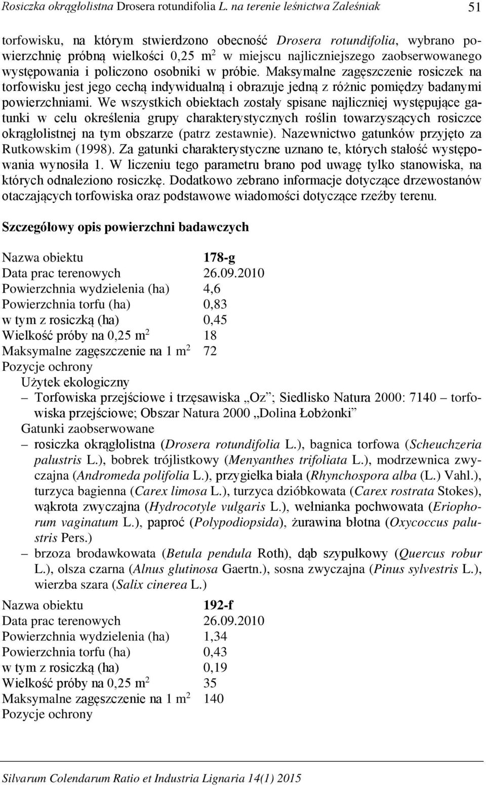 występowania i policzono osobniki w próbie. Maksymalne zagęszczenie rosiczek na torfowisku jest jego cechą indywidualną i obrazuje jedną z różnic pomiędzy badanymi powierzchniami.