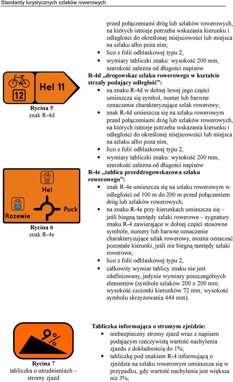rowerowego w kształcie strzały podający odległość : na znaku R-4d w dolnej lewej jego części umieszcza się symbol, numer lub barwne oznaczenie charakteryzujące szlak rowerowy; znak R-4d umieszcza się
