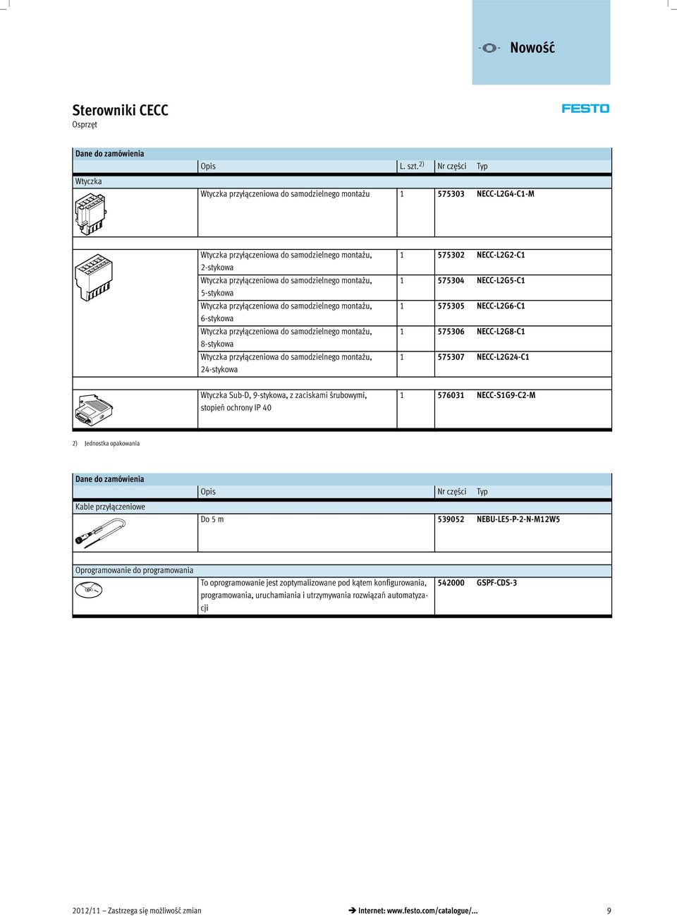 NECC-L2G6-C1 1 575306 NECC-L2G8-C1 1 575307 NECC-L2G24-C1 Wtyczka Sub-D, 9-stykowa, z zaciskami śrubowymi, stopień ochrony IP 40 1 576031 NECC-S1G9-C2-M 2) Jednostka opakowania Dane do