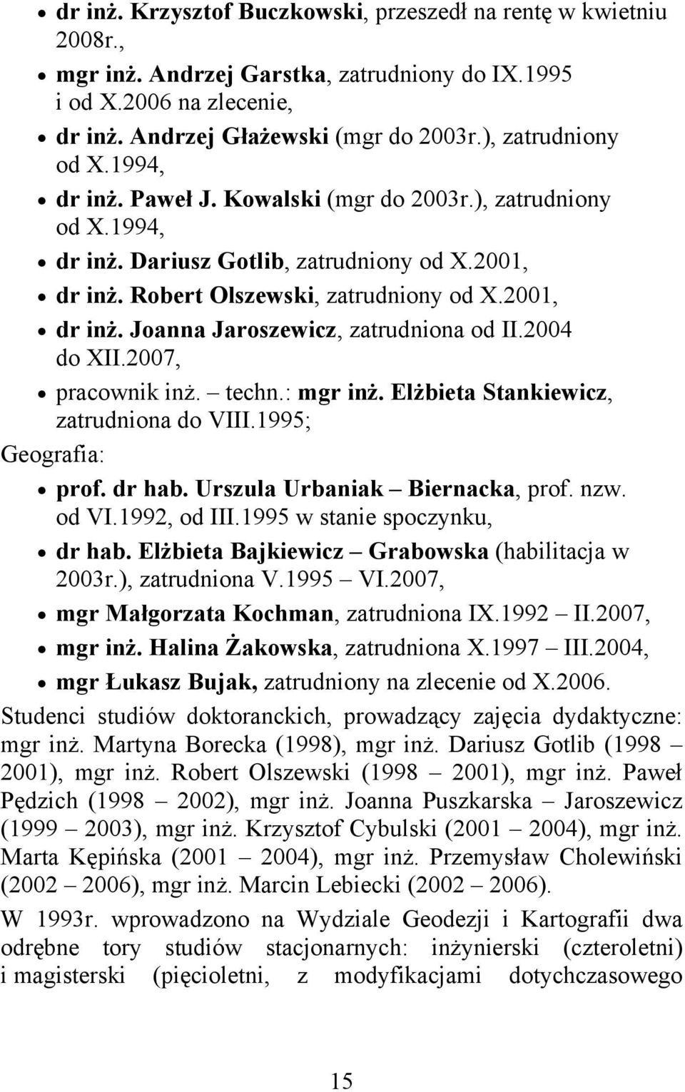 2004 do XII.2007, pracownik inż. techn.: mgr inż. Elżbieta Stankiewicz, zatrudniona do VIII.1995; Geografia: prof. dr hab. Urszula Urbaniak Biernacka, prof. nzw. od VI.1992, od III.