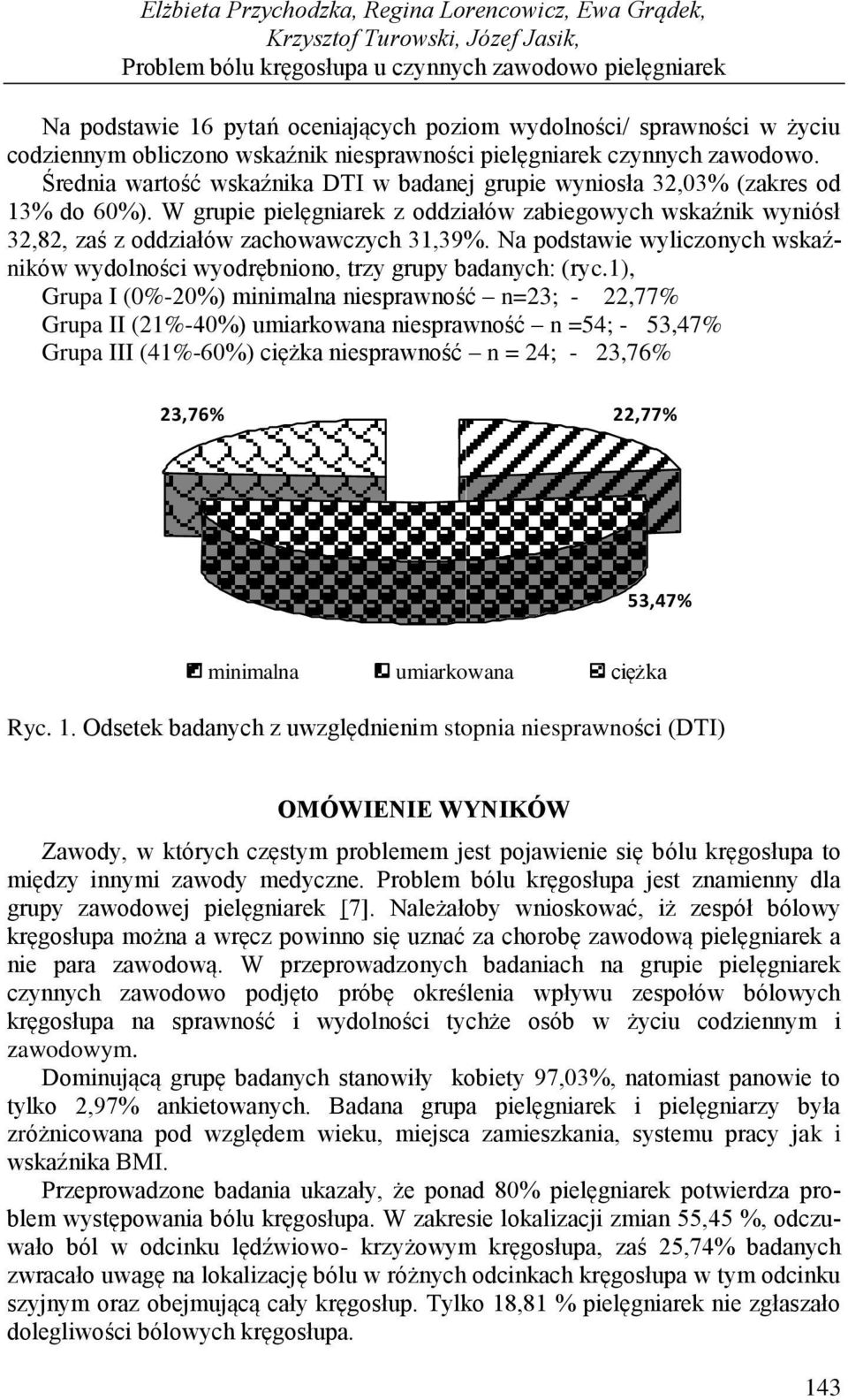 W grupie pielęgniarek z oddziałów zabiegowych wskaźnik wyniósł 32,82, zaś z oddziałów zachowawczych 31,39%. Na podstawie wyliczonych wskaźników wydolności wyodrębniono, trzy grupy badanych: (ryc.