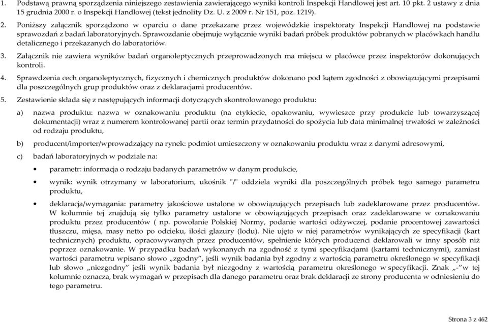 09 r. Nr 151, poz. 1219). 2. Poniższy załącznik sporządzono w oparciu o dane przekazane przez wojewódzkie inspektoraty Inspekcji Handlowej na podstawie sprawozdań z badań laboratoryjnych.