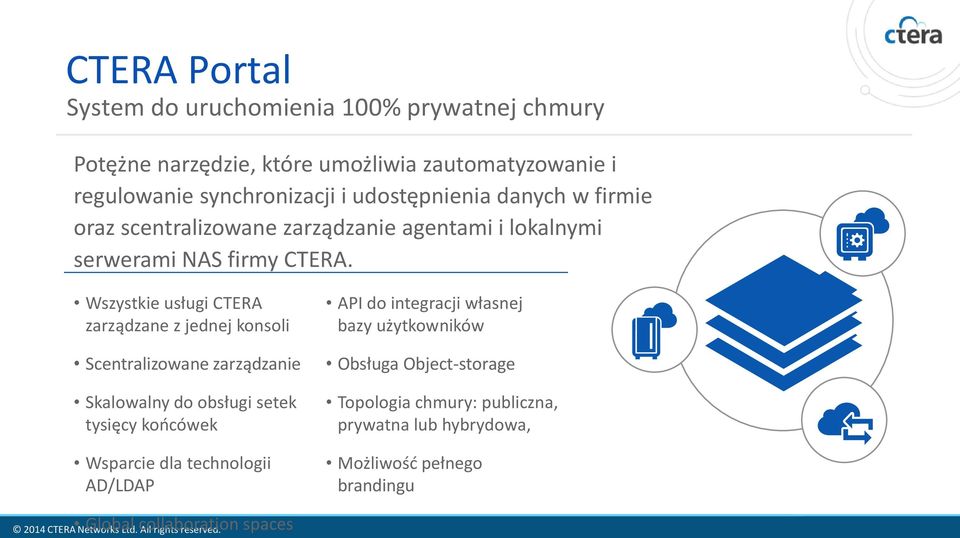 Wszystkie usługi CTERA zarządzane z jednej konsoli Scentralizowane zarządzanie Skalowalny do obsługi setek tysięcy końcówek Wsparcie dla