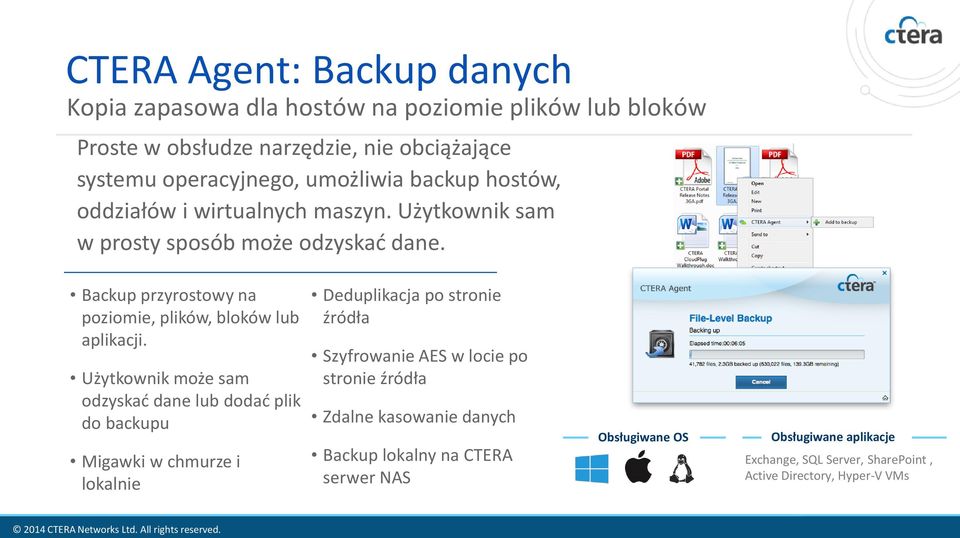 Użytkownik może sam odzyskać dane lub dodać plik do backupu Migawki w chmurze i lokalnie Deduplikacja po stronie źródła Szyfrowanie AES w locie po stronie