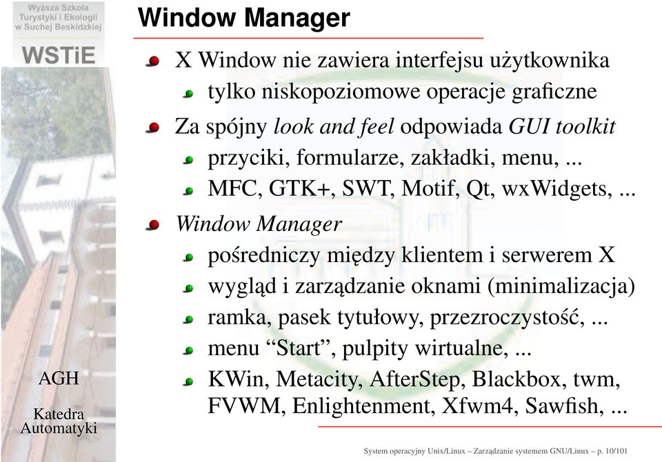 .. Window Manager pośredniczy między klientem i serwerem X wygląd i zarządzanie oknami (minimalizacja) ramka, pasek tytułowy,
