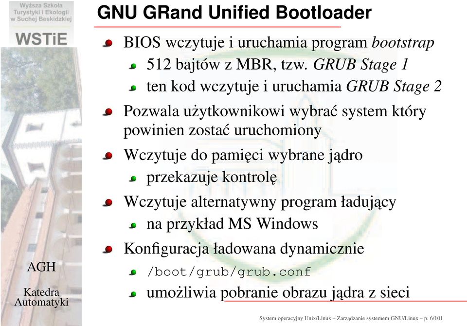 Wczytuje do pamięci wybrane jądro przekazuje kontrolę Wczytuje alternatywny program ładujący na przykład MS Windows