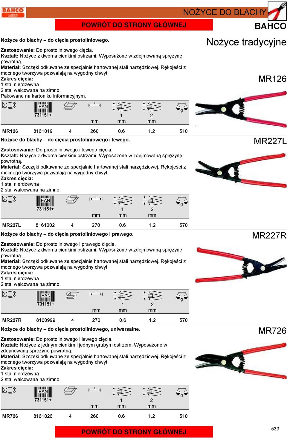 Zastosowanie: Do prostoliniowego i lewego cięcia. Kształt: Nożyce z dwoma cienkimi ostrzami. Wyposażone w zdejmowaną sprężynę powrotną. mocnego tworzywa pozwalają na wygodny chwyt.