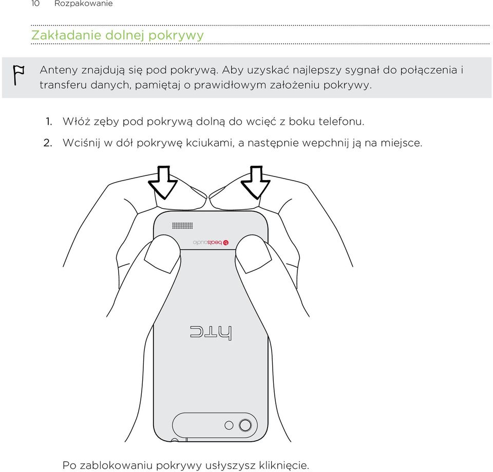 założeniu pokrywy. 1. Włóż zęby pod pokrywą dolną do wcięć z boku telefonu. 2.