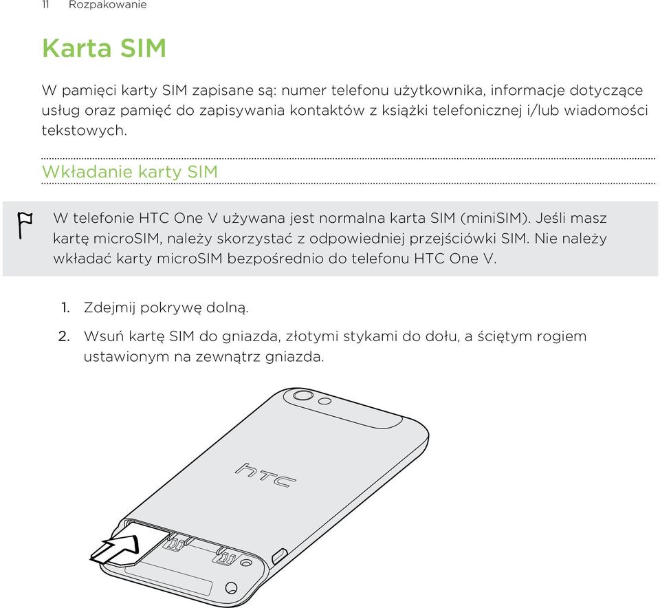 Wkładanie karty SIM W telefonie HTC One V używana jest normalna karta SIM (minisim).