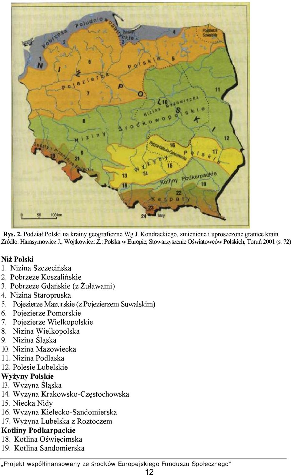 Nizina Staropruska 5. Pojezierze Mazurskie (z Pojezierzem Suwalskim) 6. Pojezierze Pomorskie 7. Pojezierze Wielkopolskie 8. Nizina Wielkopolska 9. Nizina Śląska 10. Nizina Mazowiecka 11.