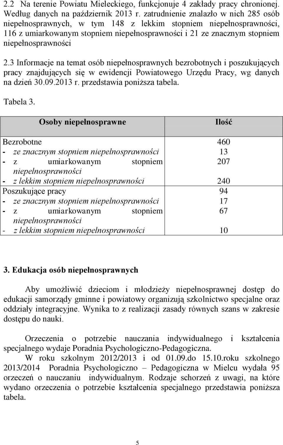 3 Informacje na temat osób niepełnosprawnych bezrobotnych i poszukujących pracy znajdujących się w ewidencji Powiatowego Urzędu Pracy, wg danych na dzień 30.09.2013 r. przedstawia poniższa tabela.