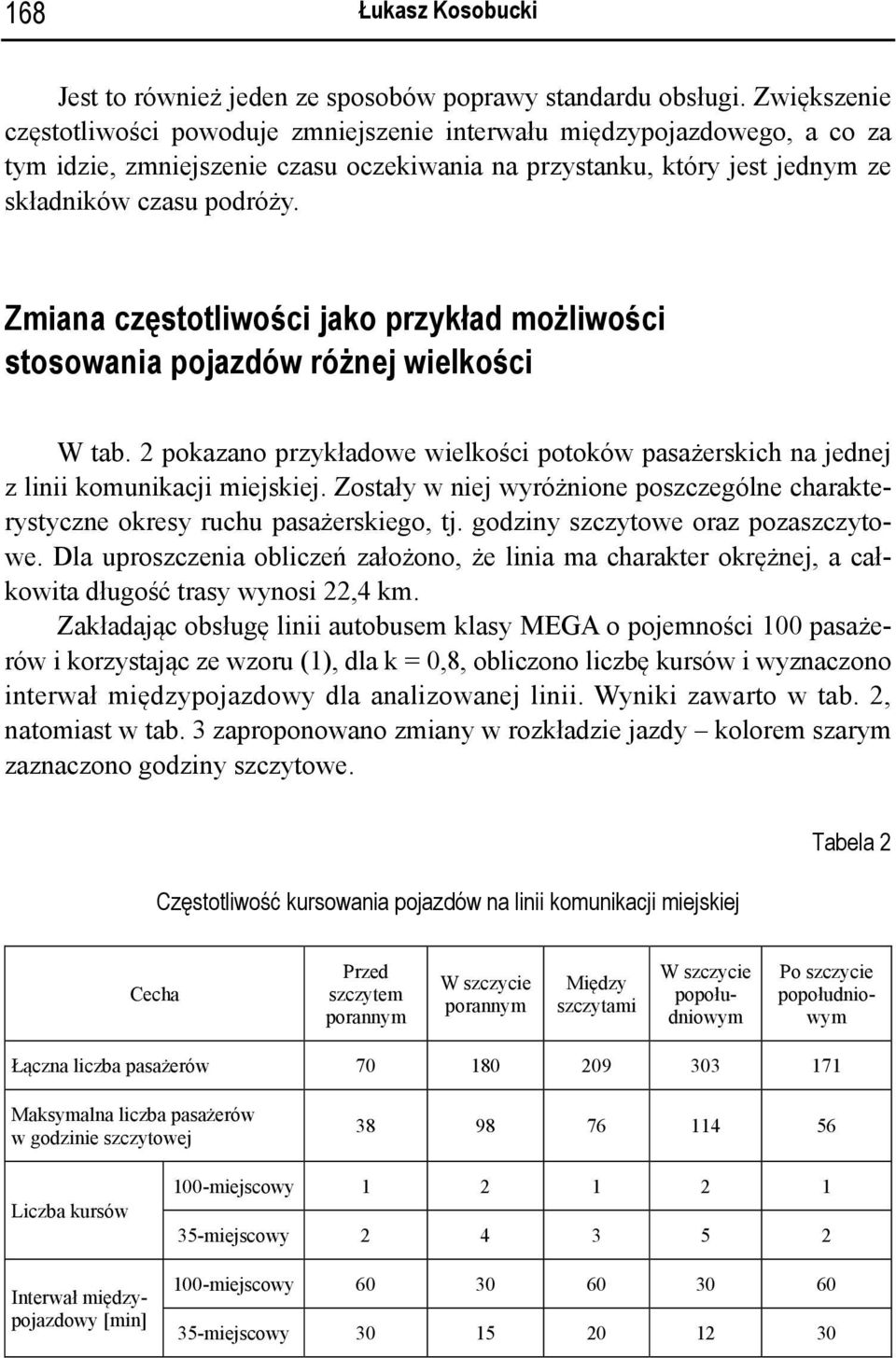 Zmiana częstotliwości jako przykład możliwości stosowania pojazdów różnej wielkości W tab. 2 pokazano przykładowe wielkości potoków pasażerskich na jednej z linii komunikacji miejskiej.