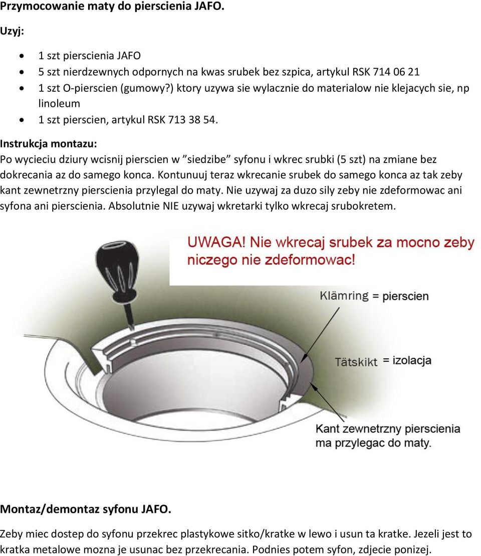 Instrukcja montazu: Po wycieciu dziury wcisnij pierscien w siedzibe syfonu i wkrec srubki (5 szt) na zmiane bez dokrecania az do samego konca.