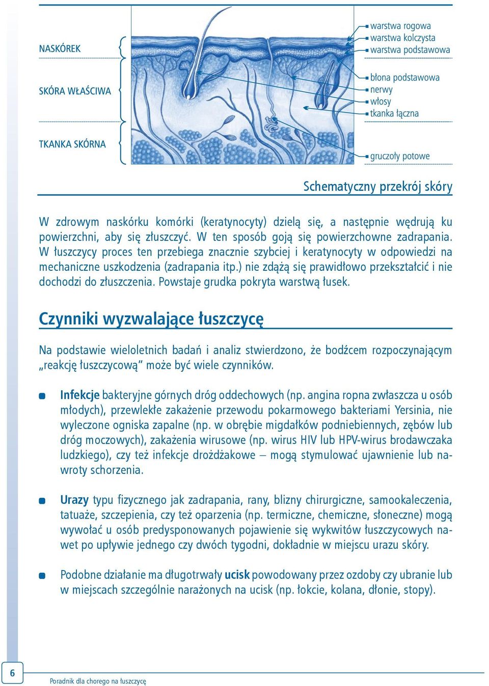 Powstaje grudka pokryta warstwą łusek. Czynniki wyzwalające łuszczycę Na podstawie wieloletnich badań i analiz stwierdzono, że bodźcem rozpoczynającym reakcję łuszczycową może być wiele czynników.