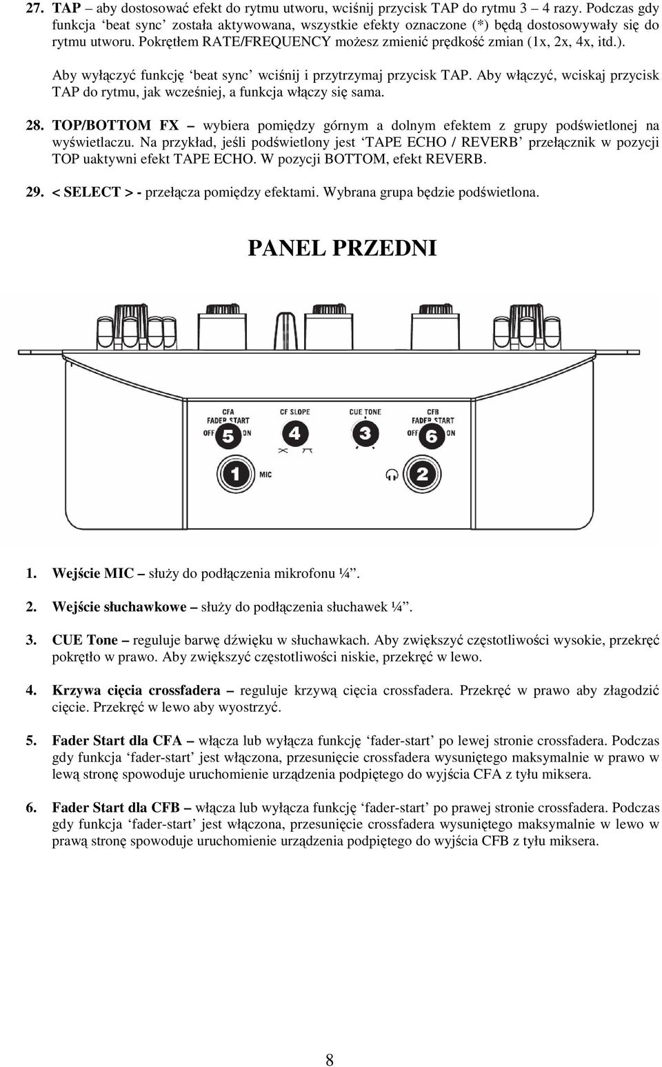 Aby włączyć, wciskaj przycisk TAP do rytmu, jak wcześniej, a funkcja włączy się sama. 28. TOP/BOTTOM FX wybiera pomiędzy górnym a dolnym efektem z grupy podświetlonej na wyświetlaczu.