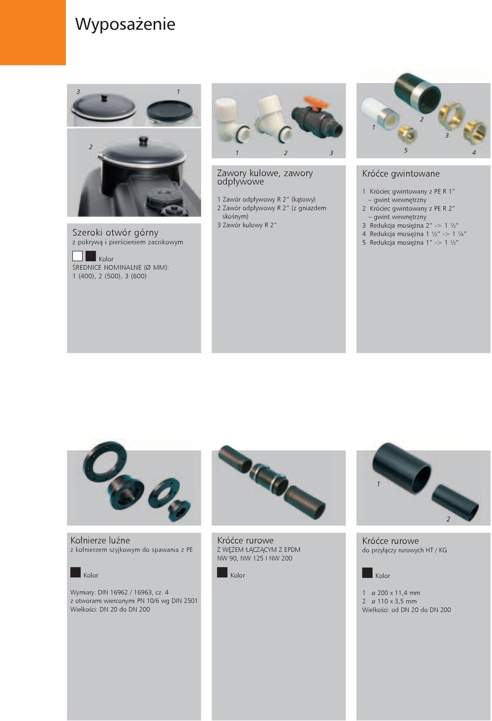mosiężna 2 -> 1 ½ 4 Redukcja mosiężna 1 ½ -> 1 ¼ 5 Redukcja mosiężna 1 -> 1 ½ 1 Kołnierze luźne z kołnierzem szyjkowym do spawania z PE Kolor Wymiary: DIN 16962 / 16963, cz.
