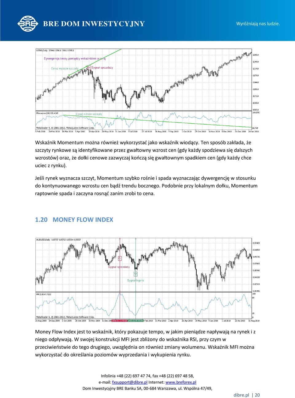 każdy chce uciec z rynku). Jeśli rynek wyznacza szczyt, Momentum szybko rośnie i spada wyznaczając dywergencję w stosunku do kontynuowanego wzrostu cen bądź trendu bocznego.