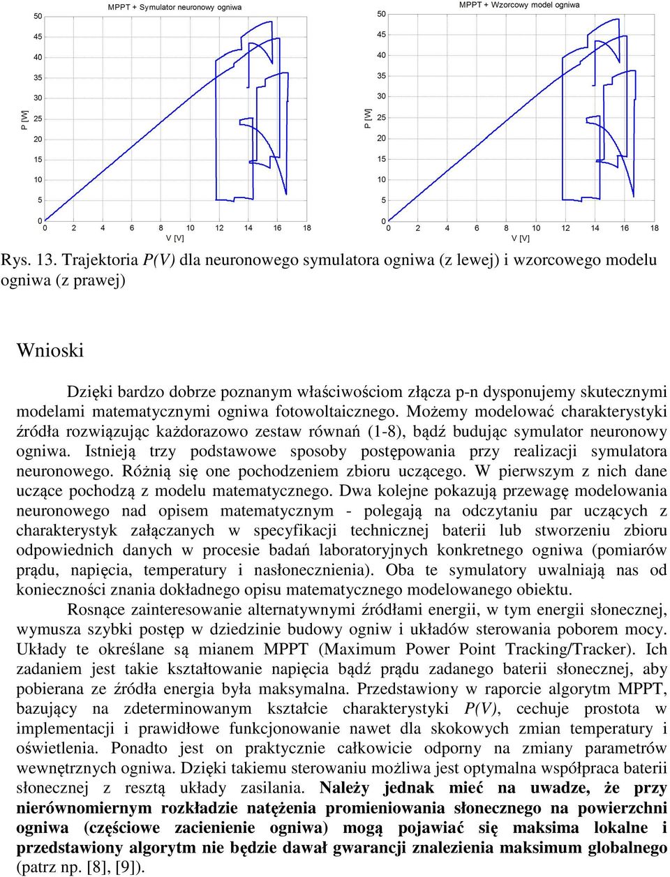 matematycznymi ogniwa fotowoltaicznego. Możemy modelować charakterystyki źródła rozwiązując każdorazowo zestaw równań (-8), bądź budując symulator neuronowy ogniwa.