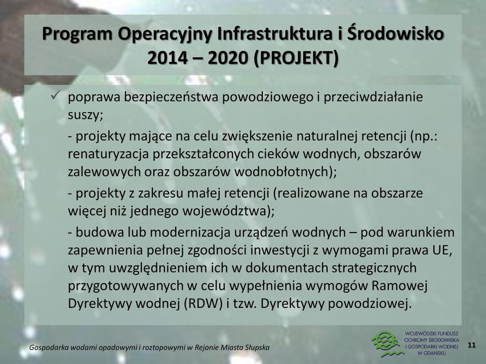 : renaturyzacja przekształconych cieków wodnych, obszarów zalewowych oraz obszarów wodnobłotnych); - projekty z zakresu małej retencji (realizowane na obszarze