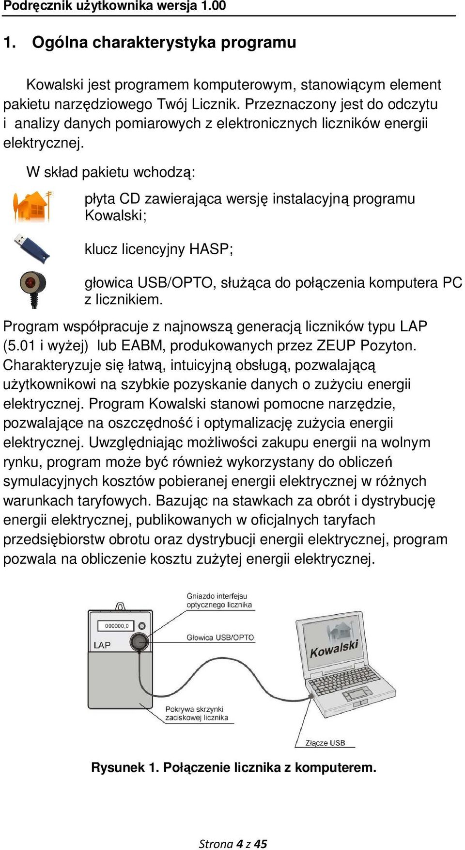 W skład pakietu wchodzą: płyta CD zawierająca wersję instalacyjną programu Kowalski; klucz licencyjny HASP; głowica USB/OPTO, słuŝąca do połączenia komputera PC z licznikiem.