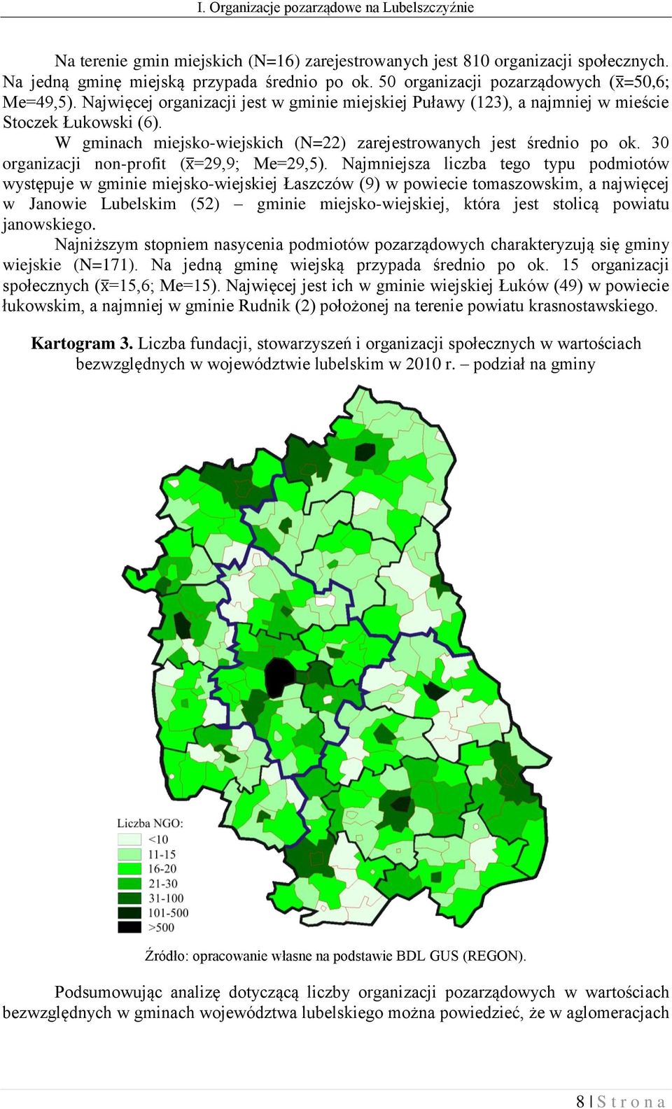 W gminach miejsko-wiejskich (N=22) zarejestrowanych jest średnio po ok. 30 organizacji non-profit ( =29,9; Me=29,5).