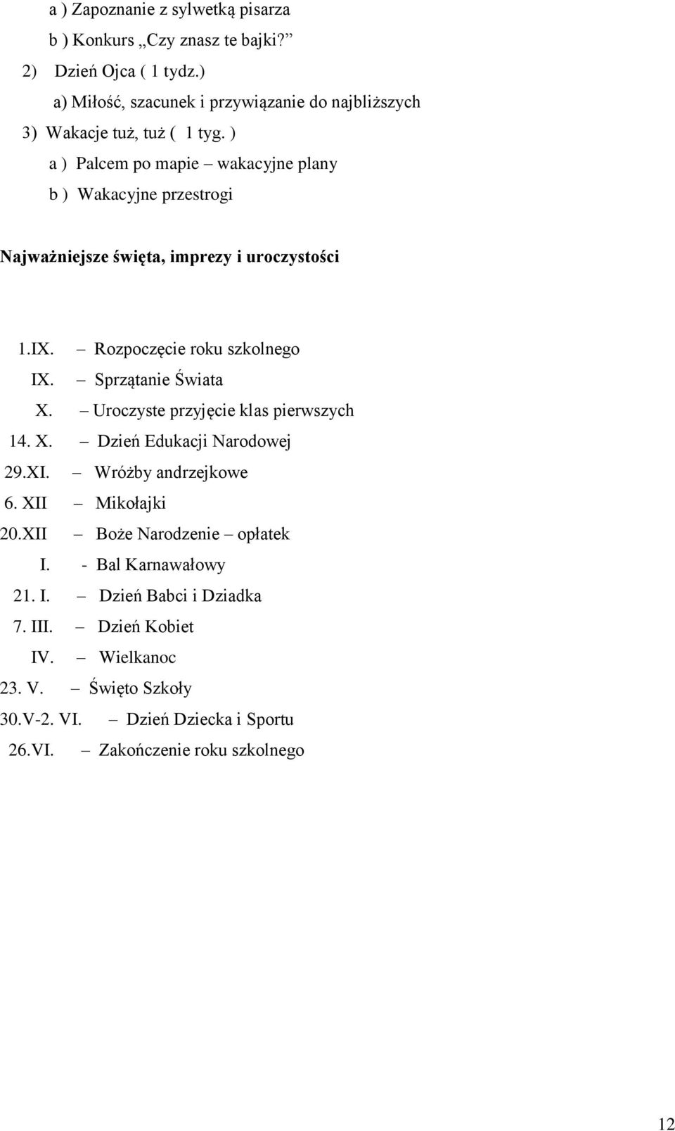 ) a ) Palcem po mapie wakacyjne plany b ) Wakacyjne przestrogi Najważniejsze święta, imprezy i uroczystości 1.IX. Rozpoczęcie roku szkolnego IX.