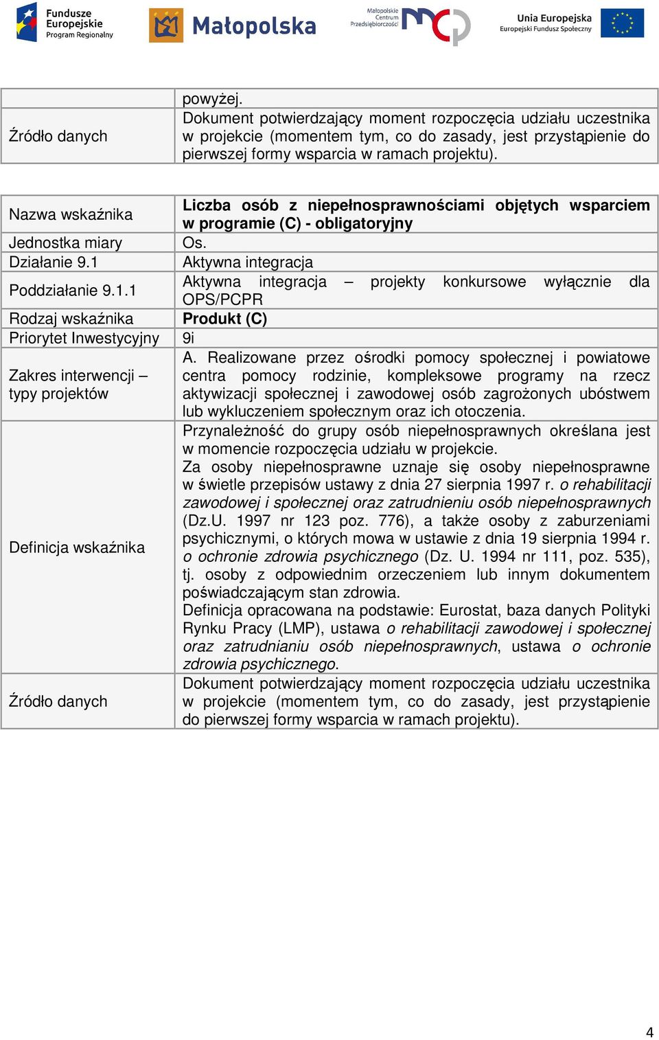 projekty konkursowe wyłącznie dla Produkt (C) 9i PrzynaleŜność do grupy osób niepełnosprawnych określana jest w momencie rozpoczęcia udziału w projekcie.