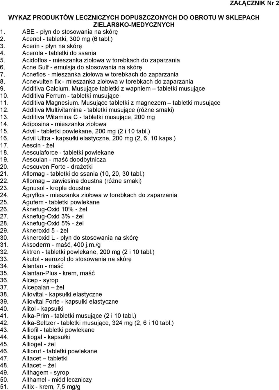 Acneflos - mieszanka ziołowa w torebkach do zaparzania 8. Acnevulten fix - mieszanka ziołowa w torebkach do zaparzania 9. Additiva Calcium. Musujące tabletki z wapniem tabletki musujące 10.