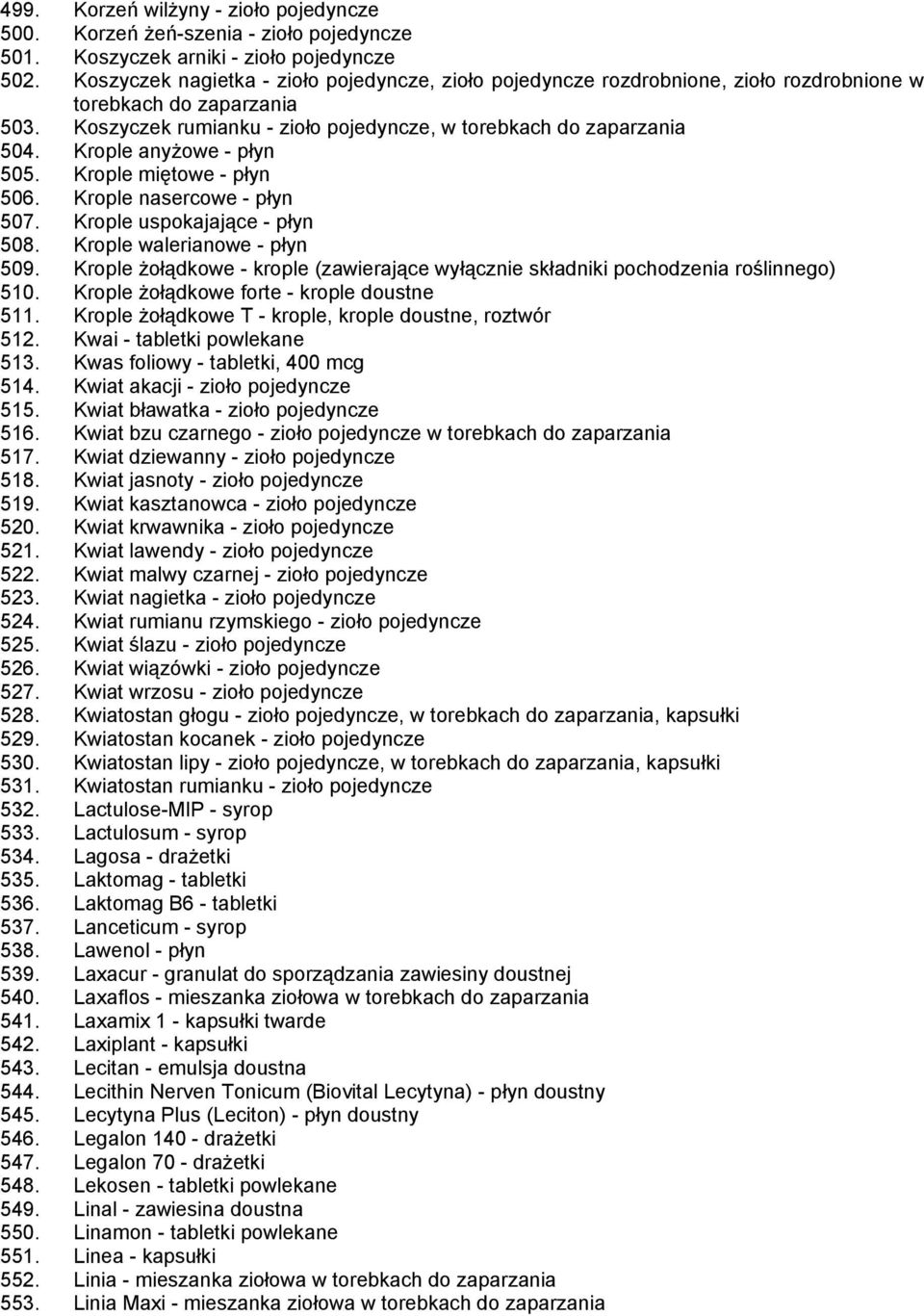 Krople anyżowe - płyn 505. Krople miętowe - płyn 506. Krople nasercowe - płyn 507. Krople uspokajające - płyn 508. Krople walerianowe - płyn 509.