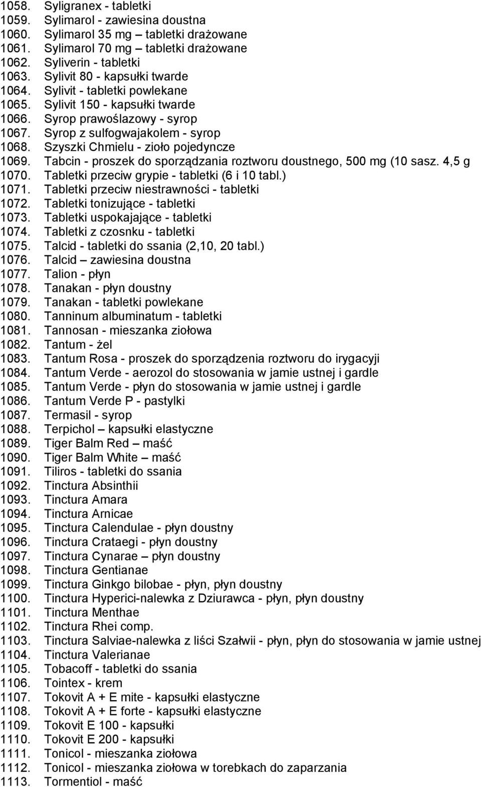 Szyszki Chmielu - zioło pojedyncze 1069. Tabcin - proszek do sporządzania roztworu doustnego, 500 mg (10 sasz. 4,5 g 1070. Tabletki przeciw grypie - tabletki (6 i 10 tabl.) 1071.