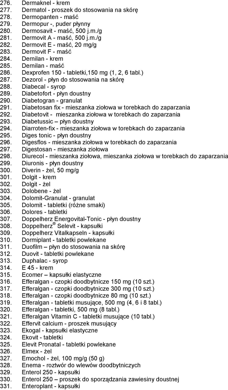 Diabecal - syrop 289. Diabetofort - płyn doustny 290. Diabetogran - granulat 291. Diabetosan fix - mieszanka ziołowa w torebkach do zaparzania 292.