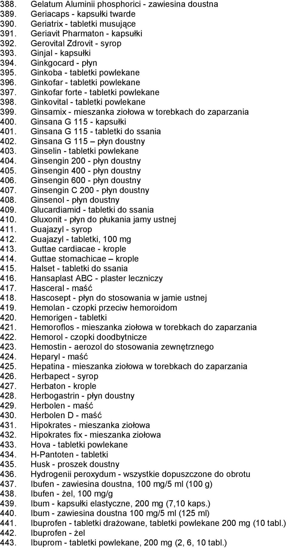 Ginsamix - mieszanka ziołowa w torebkach do zaparzania 400. Ginsana G 115 - kapsułki 401. Ginsana G 115 - tabletki do ssania 402. Ginsana G 115 płyn doustny 403. Ginselin - tabletki powlekane 404.