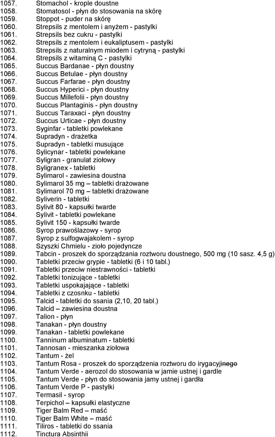 Succus Betulae - płyn doustny 1067. Succus Farfarae - płyn doustny 1068. Succus Hyperici - płyn doustny 1069. Succus Millefolii - płyn doustny 1070. Succus Plantaginis - płyn doustny 1071.