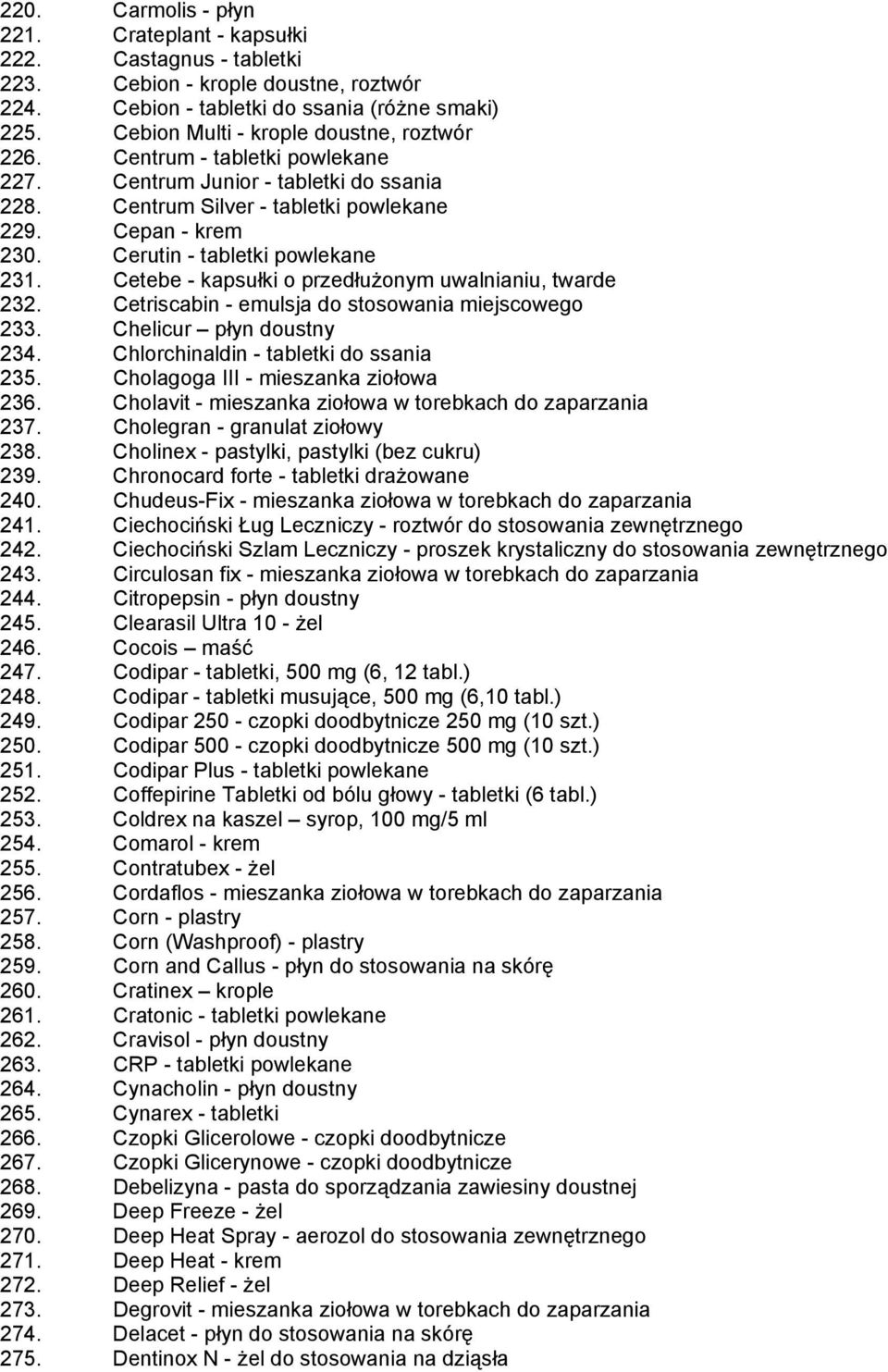 Cerutin - tabletki powlekane 231. Cetebe - kapsułki o przedłużonym uwalnianiu, twarde 232. Cetriscabin - emulsja do stosowania miejscowego 233. Chelicur płyn doustny 234.