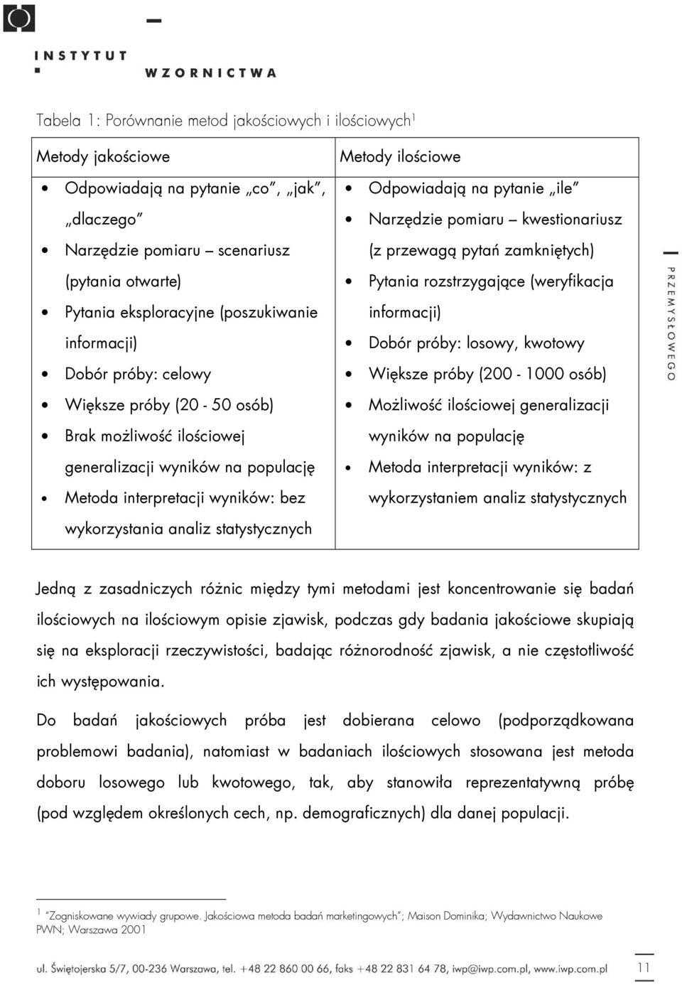 Narzędzie pomiaru kwestionariusz (z przewagą pytań zamkniętych) Pytania rozstrzygające (weryfikacja informacji) Dobór próby: losowy, kwotowy Większe próby (200-1000 osób) Możliwość ilościowej