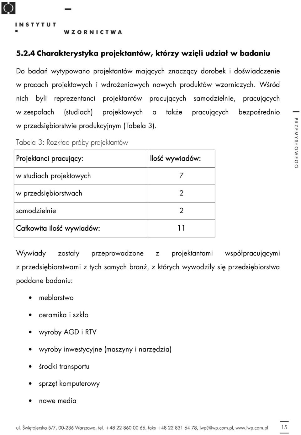 Wśród nich byli reprezentanci projektantów pracujących samodzielnie, pracujących w zespołach (studiach) projektowych a także pracujących bezpośrednio w przedsiębiorstwie produkcyjnym (Tabela 3).