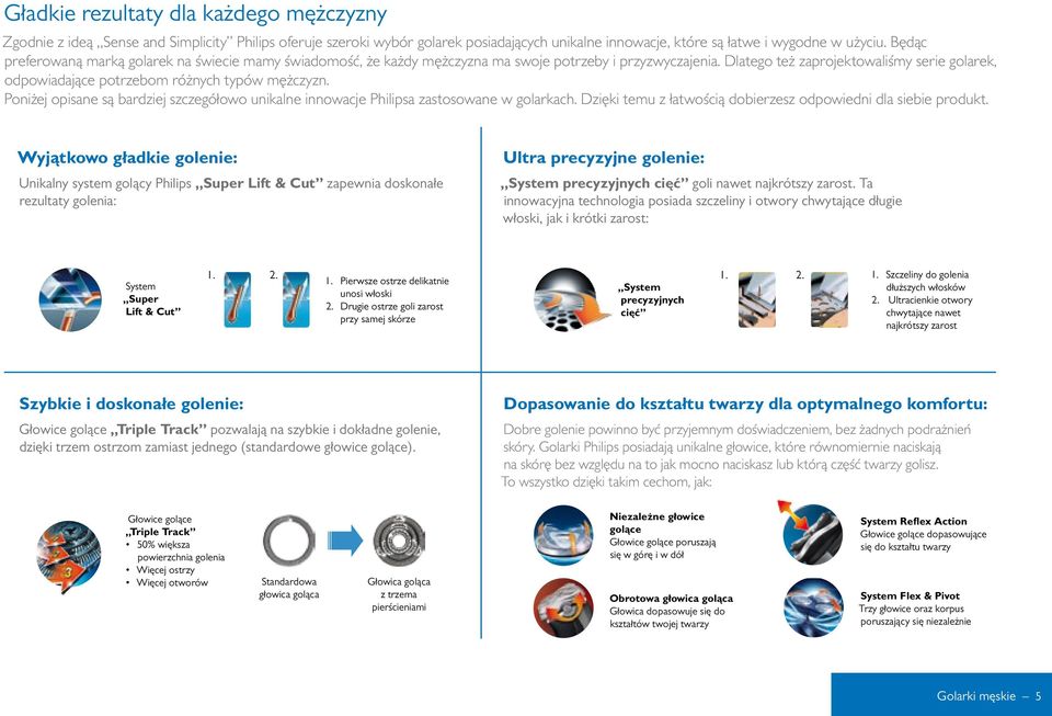 Dlatego też zaprojektowaliśmy serie golarek, odpowiadające potrzebom różnych typów mężczyzn. Poniżej opisane są bardziej szczegółowo unikalne innowacje Philipsa zastosowane w golarkach.