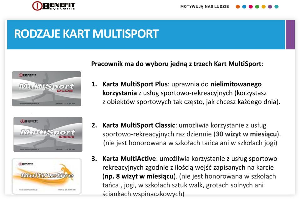 Karta MultiSport Classic: umożliwia korzystanie z usług sportowo-rekreacyjnych raz dziennie (30 wizyt w miesiącu).