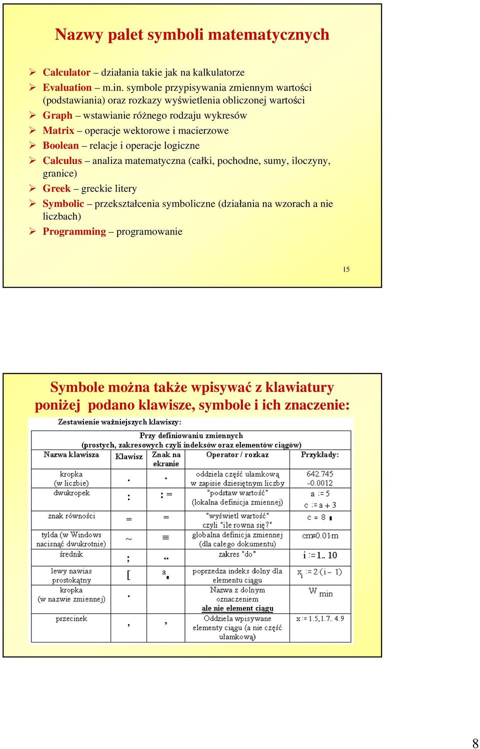 operacje wektorowe i macierzowe Boolean relacje i operacje logiczne Calculus analiza matematyczna (całki, pochodne, sumy, iloczyny, granice) Greek