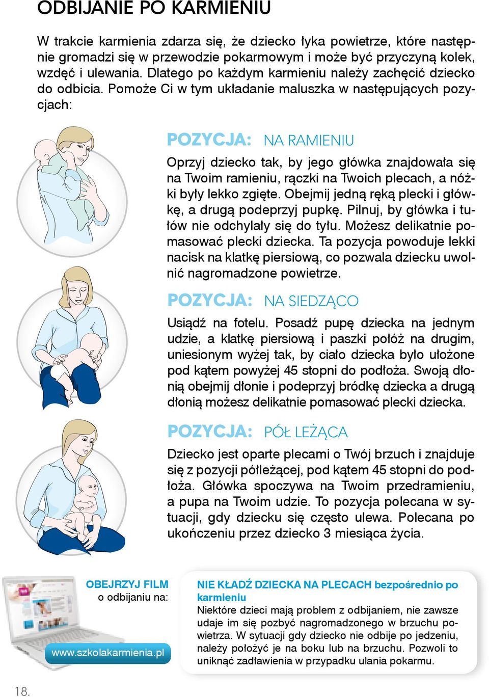 Pomoże Ci w tym układanie maluszka w następujących pozycjach: POZYCJA: na ramieniu Oprzyj dziecko tak, by jego główka znajdowała się na Twoim ramieniu, rączki na Twoich plecach, a nóżki były lekko