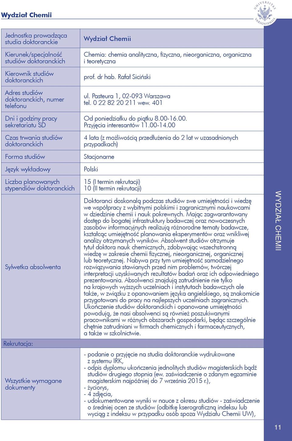 teoretyczna prof. dr hab. Rafał Siciński ul. Pasteura 1, 02-093 Warszawa tel. 0 22 82 20 211 wew. 401 Od poniedziałku do piątku 8.00-16.00. Przyjęcia interesantów 11.00-14.