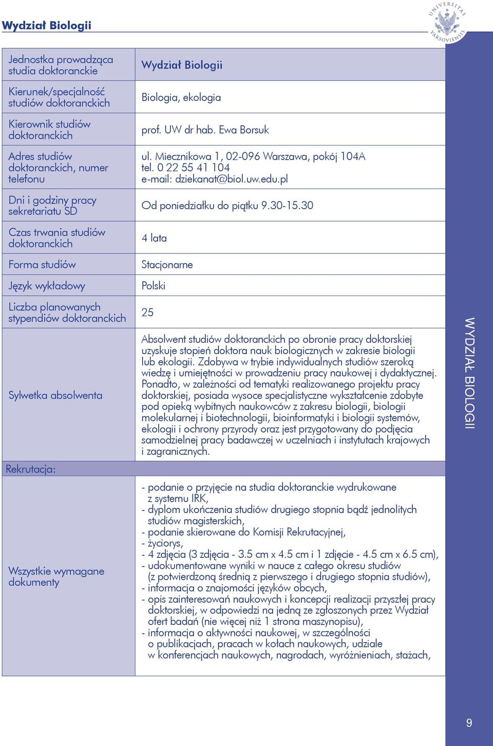 wymagane dokumenty ul. Miecznikowa 1, 02-096 Warszawa, pokój 104A tel. 0 22 55 41 104 e-mail: dziekanat@biol.uw.edu.pl Od poniedziałku do piątku 9.30-15.