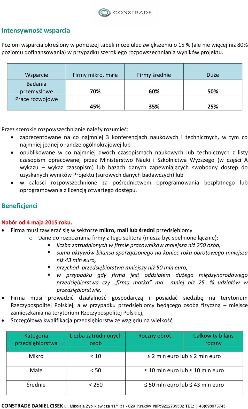 Wsparcie Firmy mikro, małe Firmy średnie Duże Badania przemysłowe 70% 60% 50% Prace rozwojowe 45% 35% 25% Przez szerokie rozpowszechnianie należy rozumieć: zaprezentowane na co najmniej 3