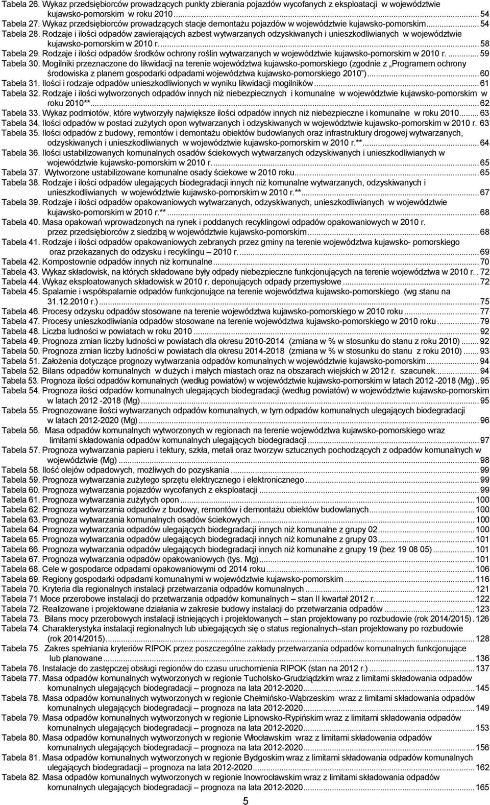 Rodzaje i ilości odpadów zawierających azbest wytwarzanych odzyskiwanych i unieszkodliwianych w województwie kujawsko-pomorskim w 2010 r.... 58 Tabela 29.