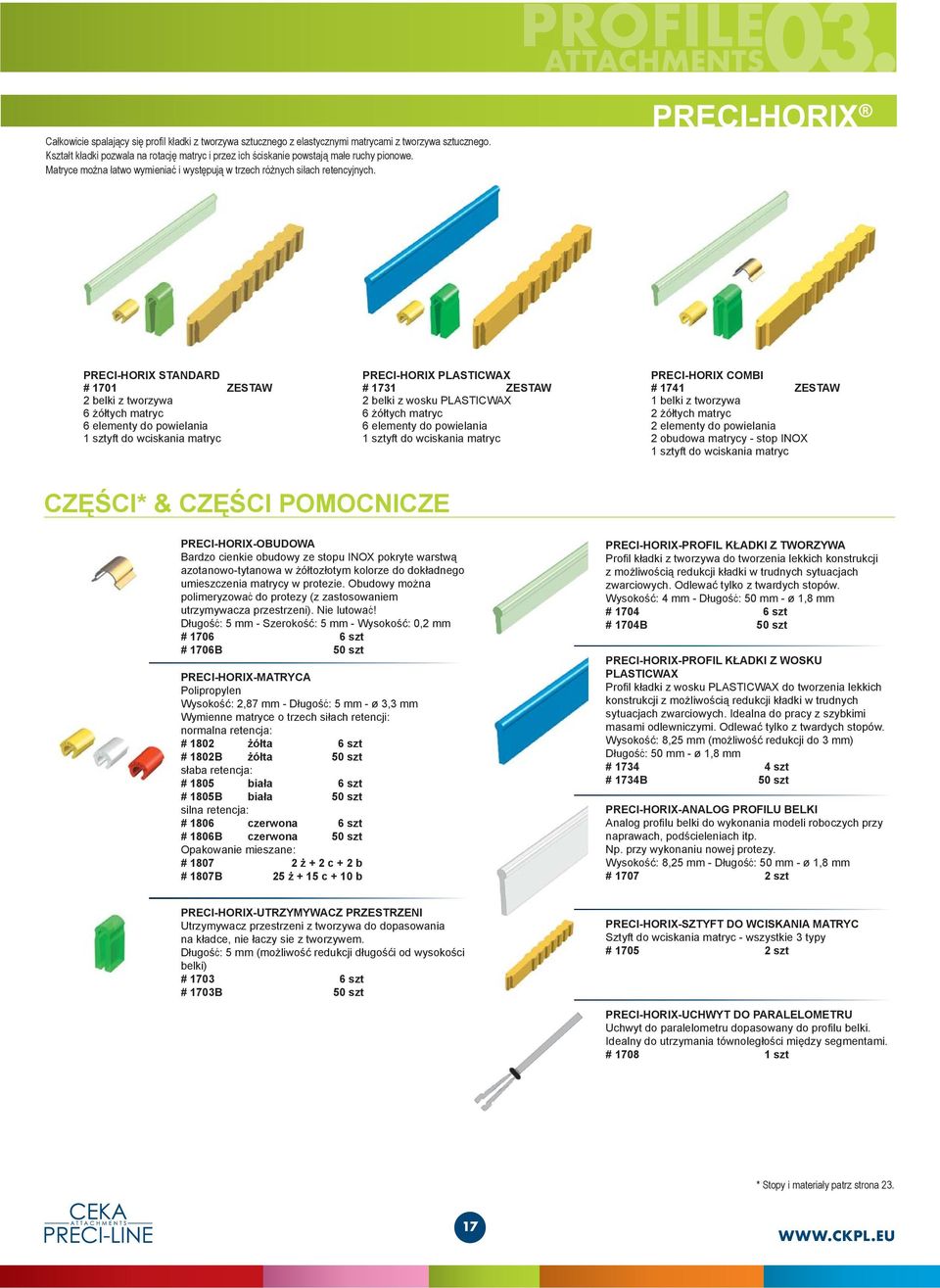 PRECI-HORIX PRECI-HORIX STANDARD # 1701 ZESTAW 2 belki z tworzywa żółtych matryc elementy do powielania 1 sztyft do wciskania matryc PRECI-HORIX PLASTICWAX # 1731 ZESTAW 2 belki z wosku PLASTICWAX