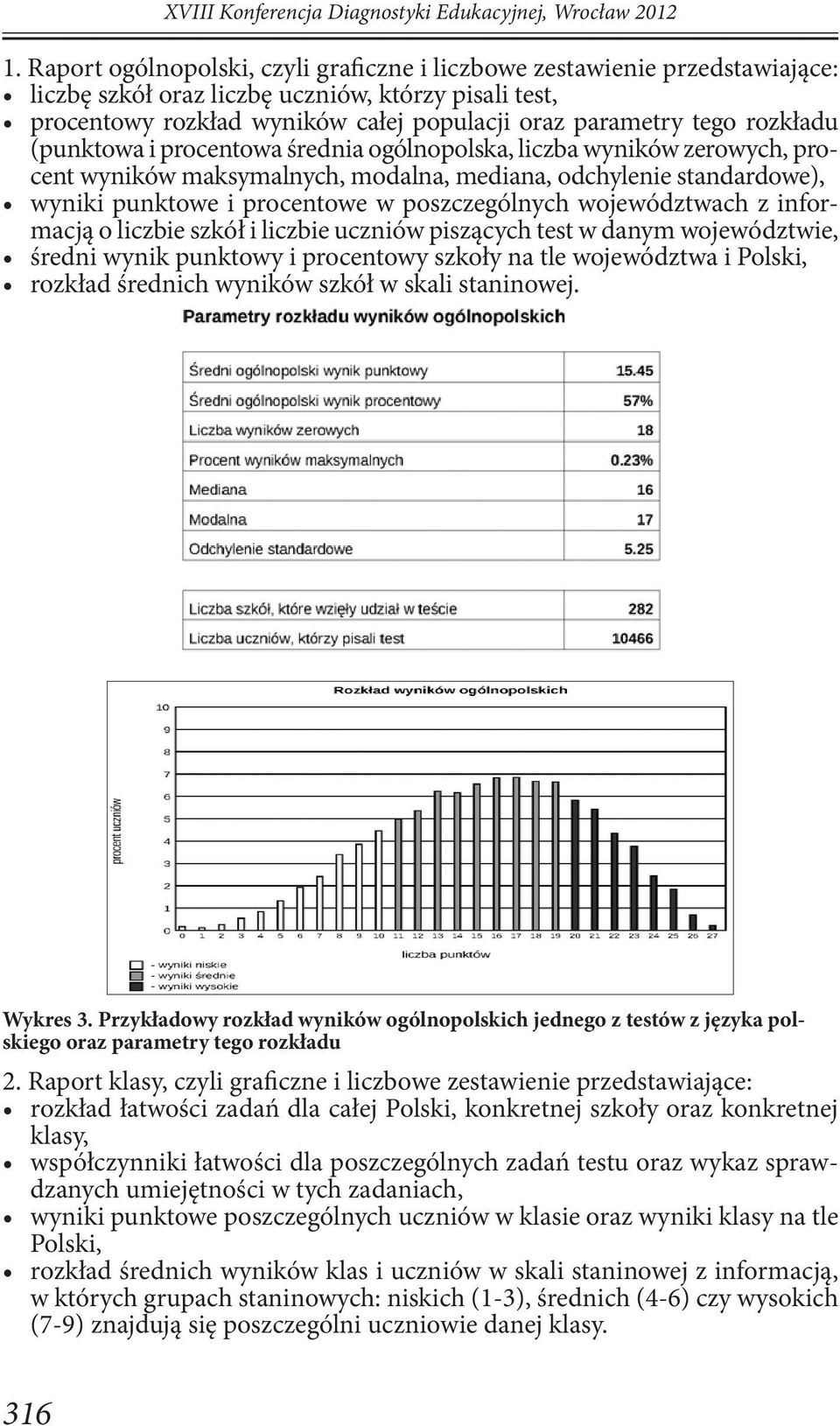 rozkładu (punktowa i procentowa średnia ogólnopolska, liczba wyników zerowych, procent wyników maksymalnych, modalna, mediana, odchylenie standardowe), wyniki punktowe i procentowe w poszczególnych