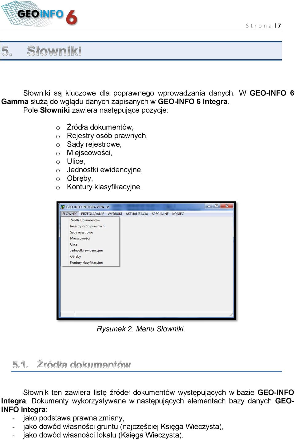 o Kontury klasyfikacyjne. Rysunek 2. Menu Słowniki. Słownik ten zawiera listę źródeł dokumentów występujących w bazie GEO-INFO Integra.