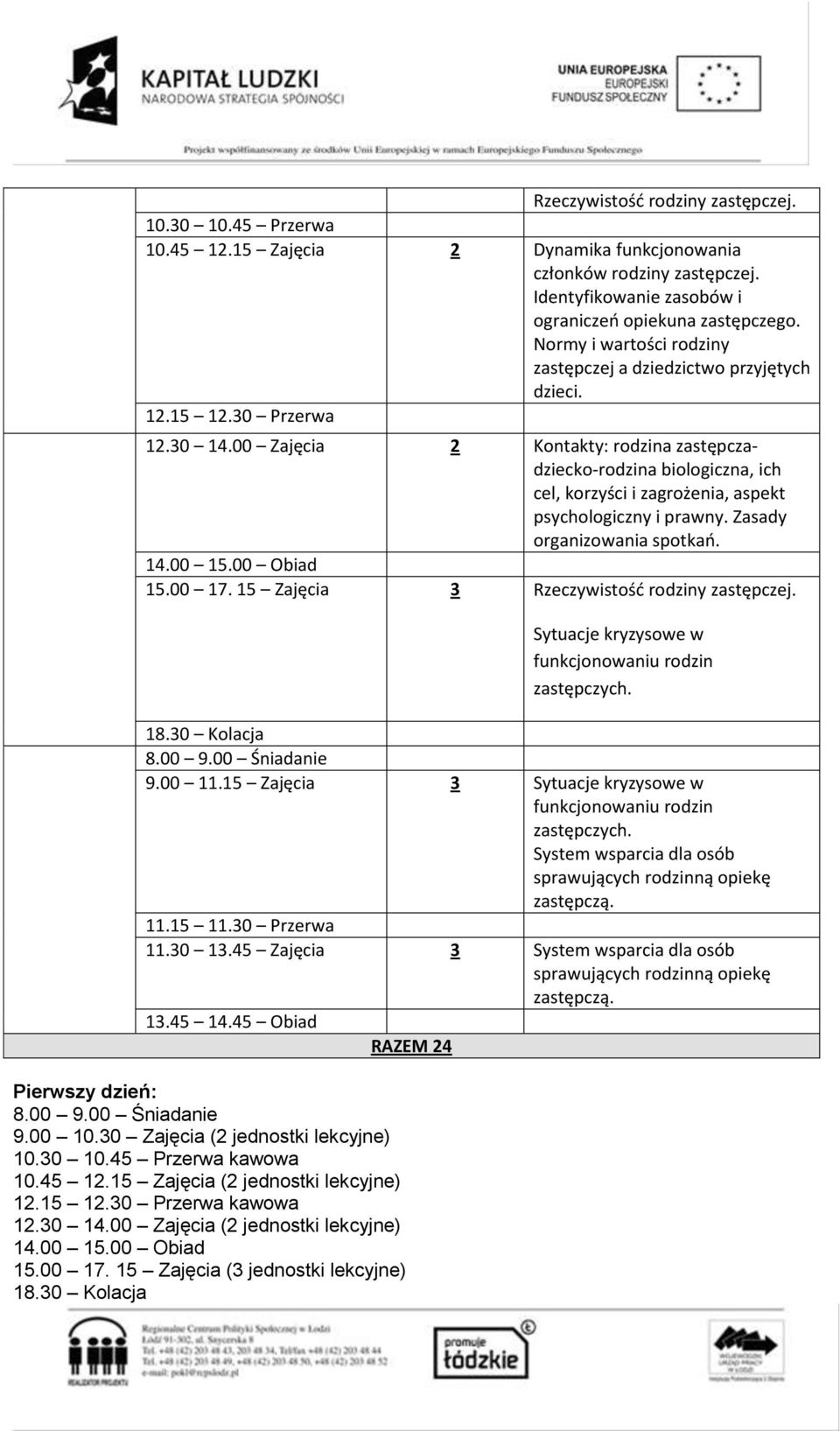 00 Zajęcia 2 Kontakty: rodzina zastępczadziecko-rodzina biologiczna, ich cel, korzyści i zagrożenia, aspekt psychologiczny i prawny. Zasady organizowania spotkań. 15.00 17.