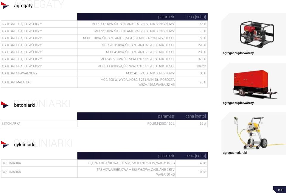 SPALANIE: 5 L/H, SILNIK DIESEL 220 zł AGREGAT PRĄDOTWÓRCZY MOC: 45 KVA, ŚR. SPALANIE: 7 L/H, SILNIK DIESEL 260 zł AGREGAT PRĄDOTWÓRCZY MOC: 45-60 KVA ŚR.